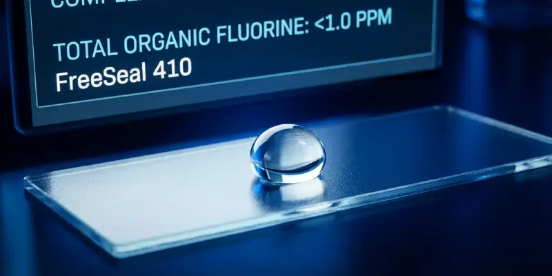 Water droplet on a FreeSeal 410 lab panel with total organic fluorine result displayed.