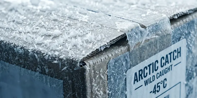 Frozen seafood package in a minus 45 C blast-freezer validation scene.
