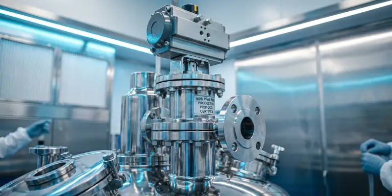Stainless adhesive reactor in a clean production room for PFAS-free manufacturing control.
