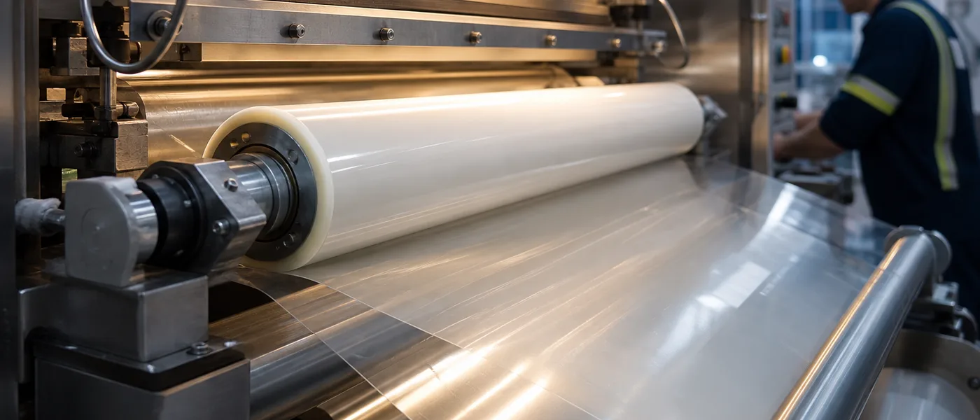 Aqueous heat-seal coating applied on a packaging film web at an industrial converting line.