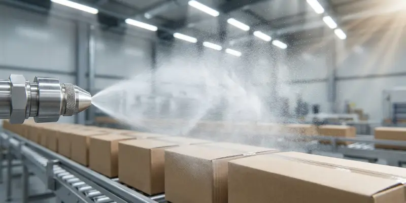 Aqueous acrylic barrier coating applied across paper packaging blanks on a production line.