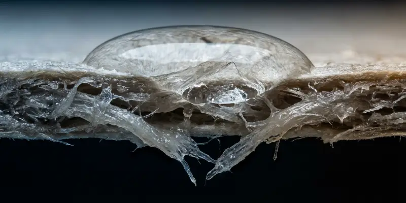 Soaked fiber layer swelling and breaking down during hydrophilic coating failure testing.