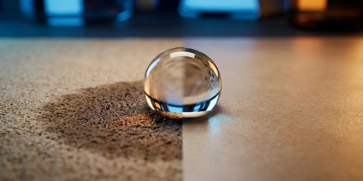Water droplet on coated fiber material during bio-based barrier performance screening.