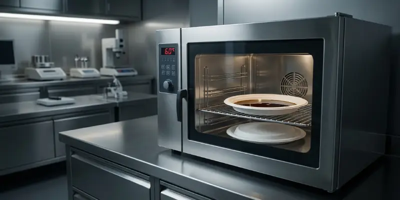 Coated fiber tray in an oven for grease-bleed resistance testing.