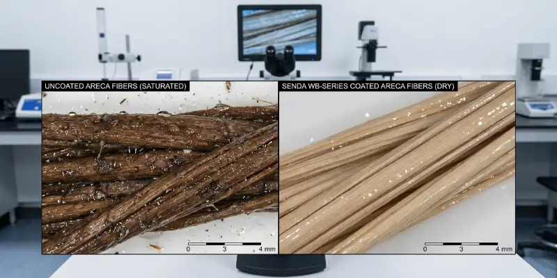 Microscope workstation comparing natural-fiber tableware surfaces after coating trials.