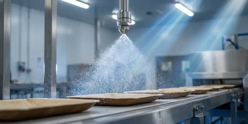 Barrier coating spray application on natural-fiber tableware during qualification.