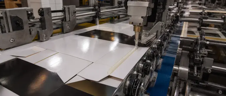 Folder-gluer applying milky-white adhesive along coated folding carton panels on a high-speed packaging line.