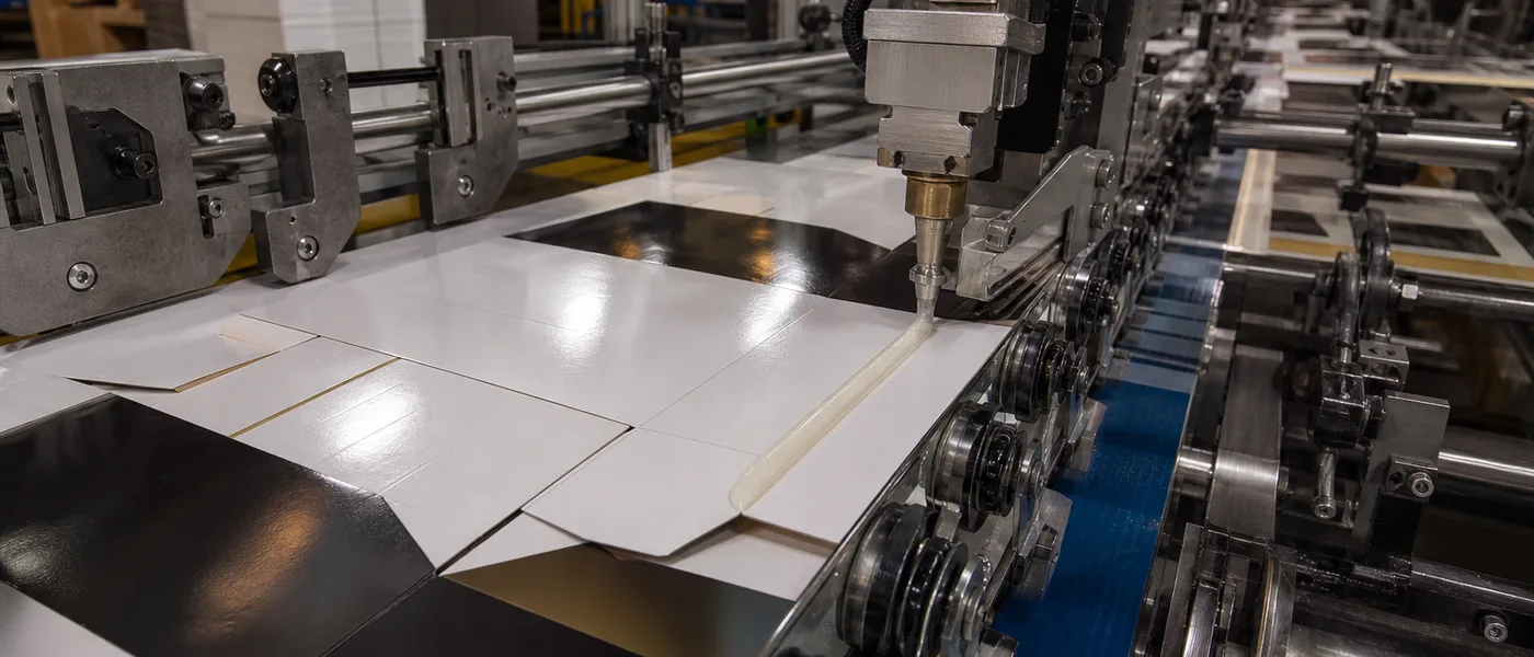 Folder-gluer applying adhesive to UV-coated folding cartons on a high-speed packaging line.
