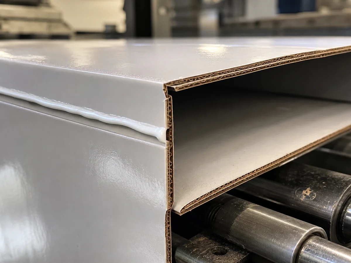Close-up of milky-white adhesive bead along a side seam on UV-coated folding carton board.