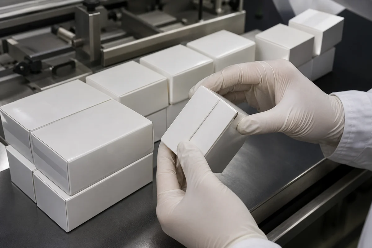 Pharmaceutical folding cartons with UV-coated finish inspected at folder-gluer outfeed.