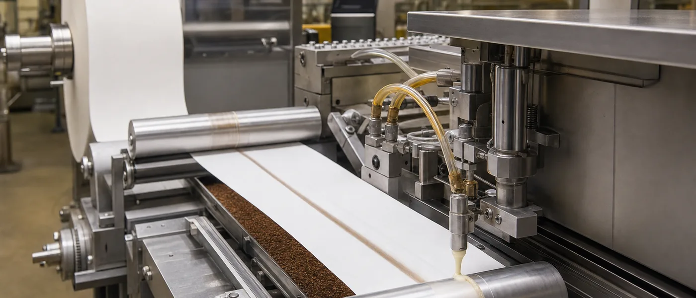 High-speed cigarette converting line under review for adhesive pickup stability and clean running.