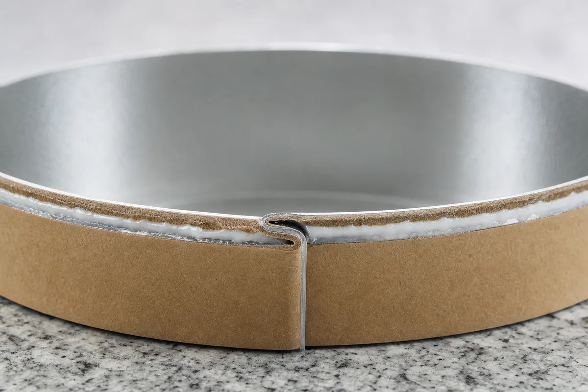 Macro cross-section of composite canister showing foil-to-paper lamination and spiral seam structure.