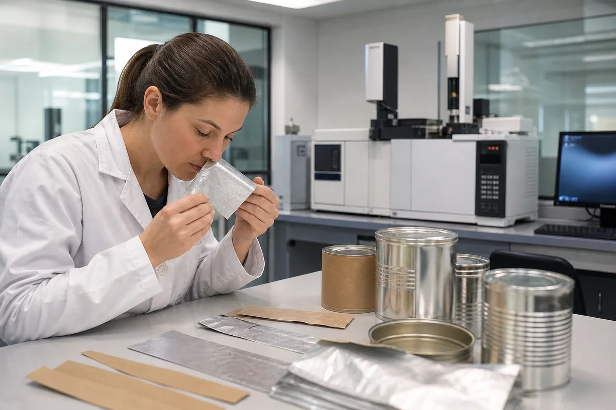Lab technician performing organoleptic odor analysis on composite can paper and foil samples.