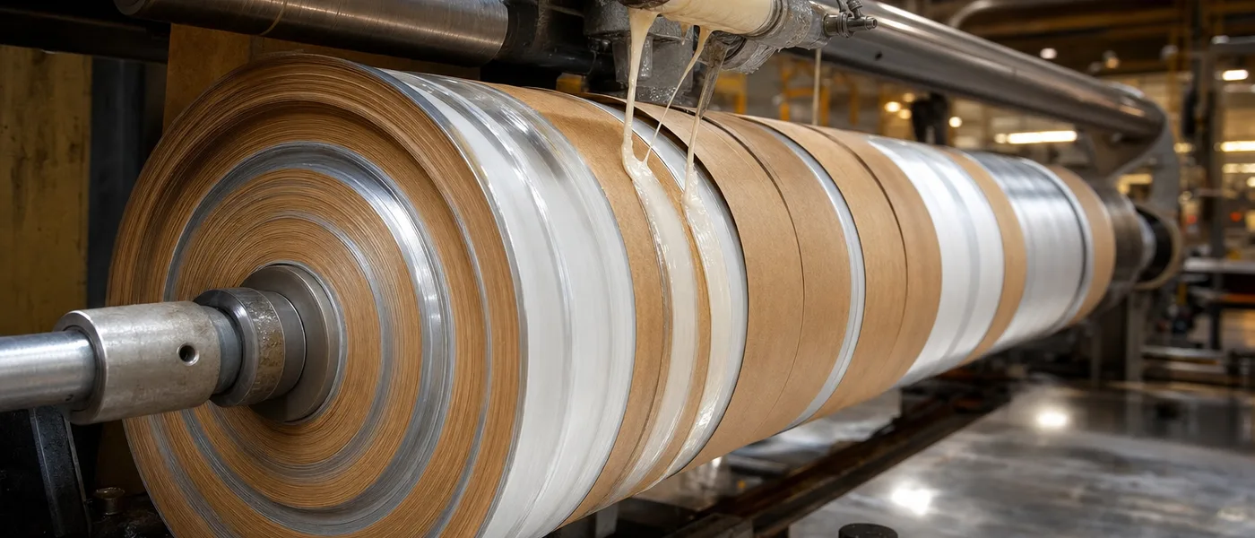 Spiral-wound composite can production line applying milky-white adhesive between paper and foil liner layers.