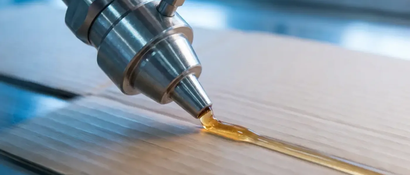 Amber hot-melt bead applied by nozzle during EVA and metallocene packaging adhesive comparison.
