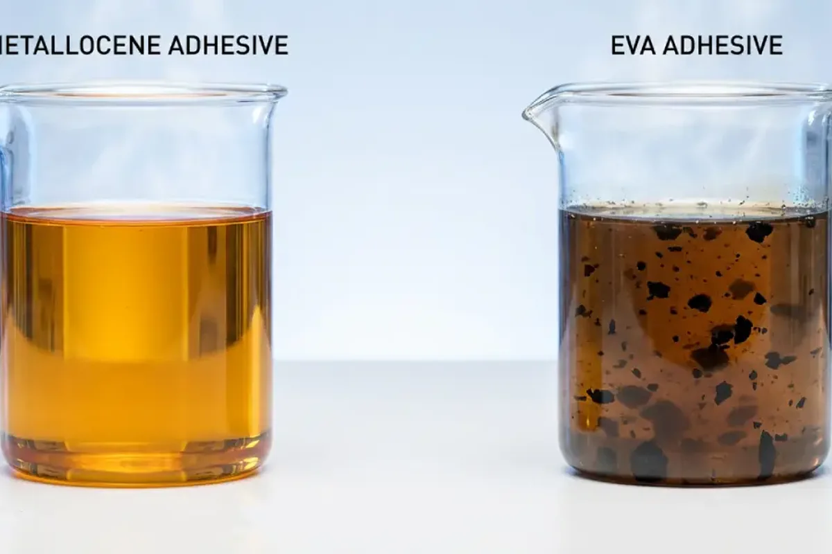 Thermal stability comparison showing char-prone hot melt versus metallocene zero-char behavior