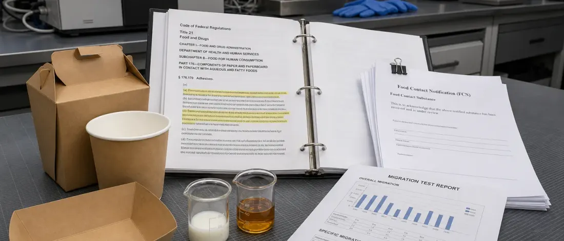 Food-contact compliance guide comparing FDA 175.105, 176.170, and FCN review paths.