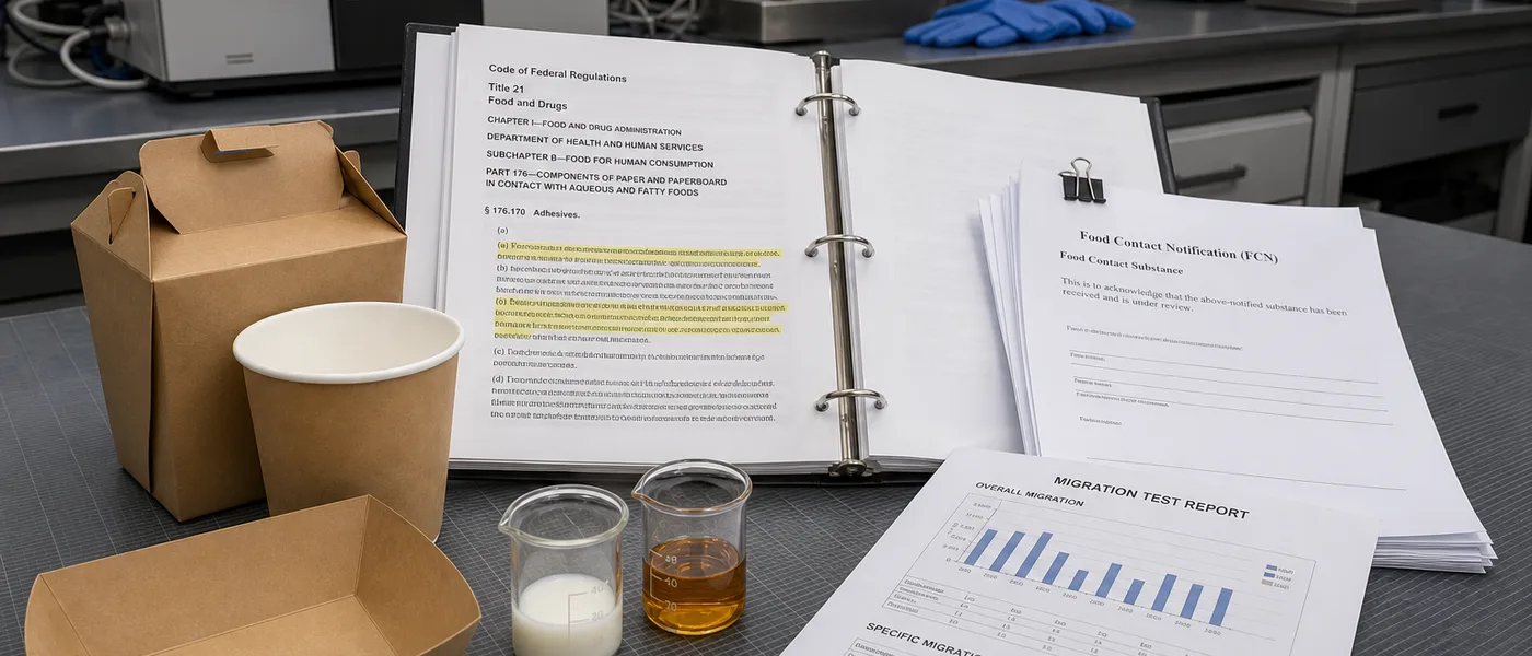 Food-contact compliance review comparing FDA 175.105, 176.170, and FCN documentation paths.
