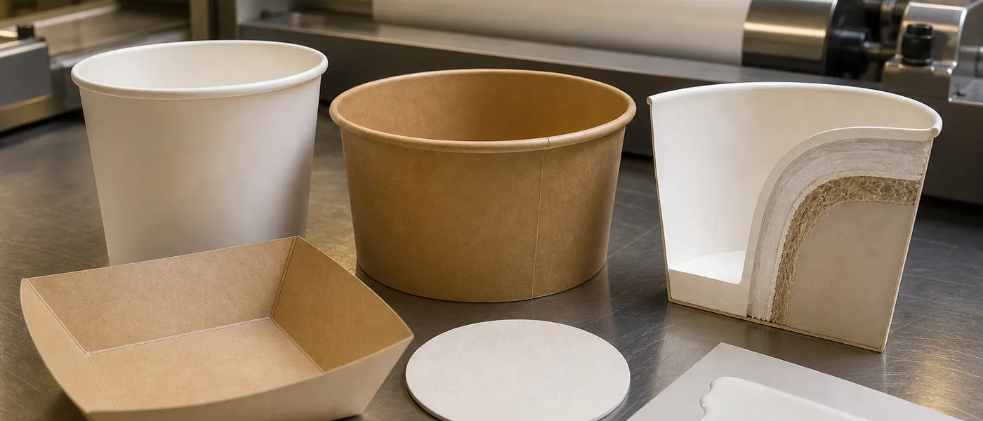 Paper food containers illustrating barrier, varnish, and heat-seal layer decisions.