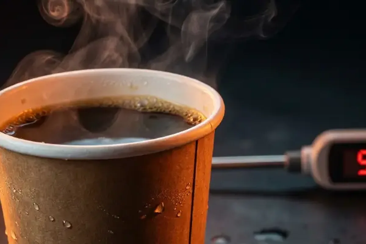 Hot liquid holdout testing on a coated paper cup to validate service performance.