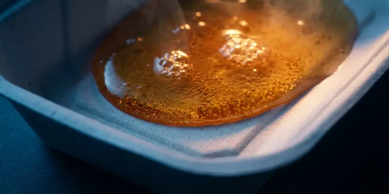 Amber grease simulant pooled on a molded-fiber tray during monomaterial barrier testing.