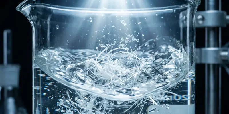 Recovered paper fibers swirling in a lab vessel during hydropulper compatibility testing.