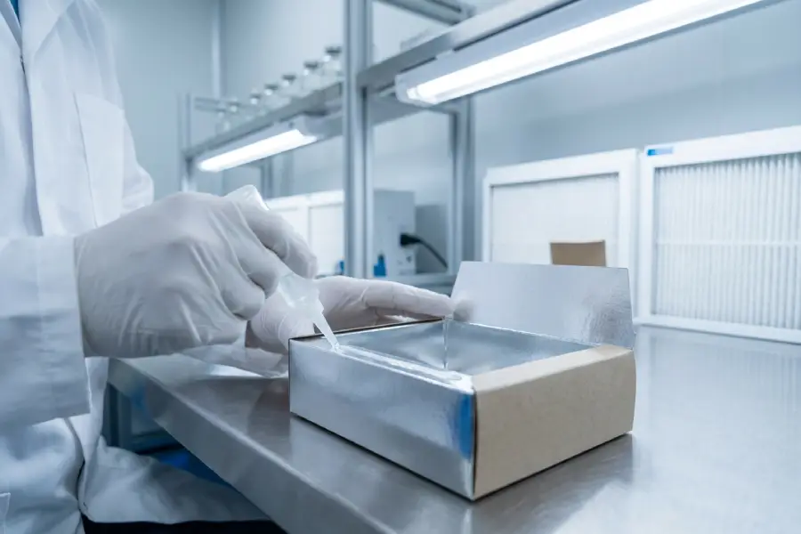 Laboratory bond test on luxury silver-foil rigid box showing clean seam control without stain-through.