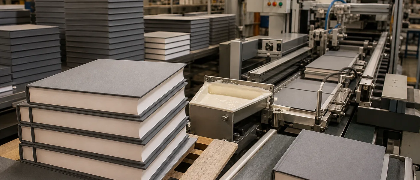 Flat cloth-bound hardcover books on a case-making line with anti-warp adhesive bonding.