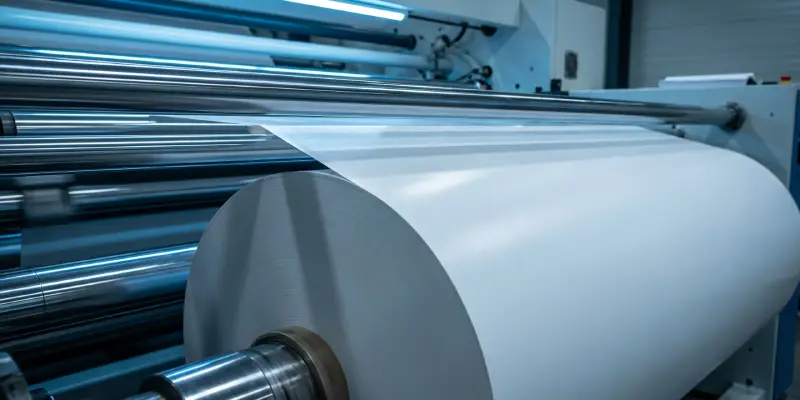 Heat-seal coated roll stock moving through rollers during non-blocking validation.