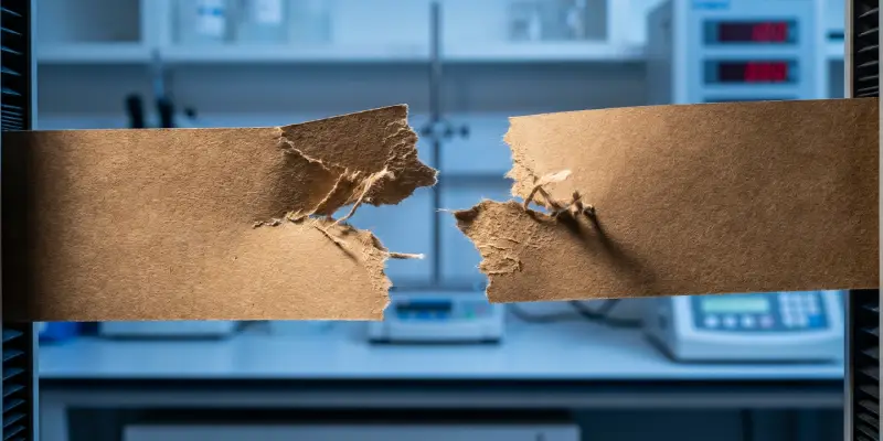 Torn coated paper strips showing fiber-tear bond response after heat-seal testing.