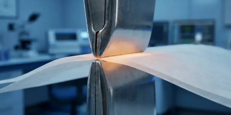 Lab heat-seal jaws compressing coated paper to measure HSIT and seal response.