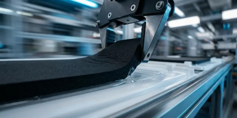 Automated assembly station pressing a component immediately after hot-melt application.