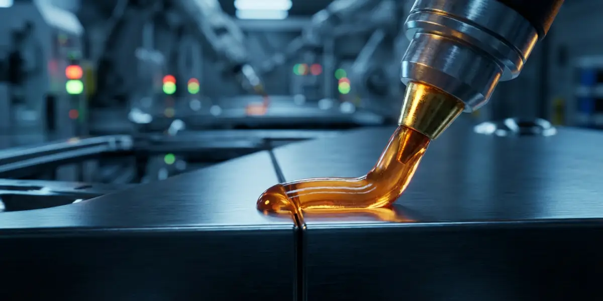 Amber metallocene hot-melt bead applied by nozzle on a high-speed industrial line.