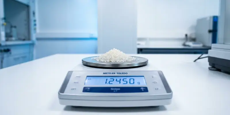 Digital scale measuring hot-melt sample weight for metallocene density and yield comparison.