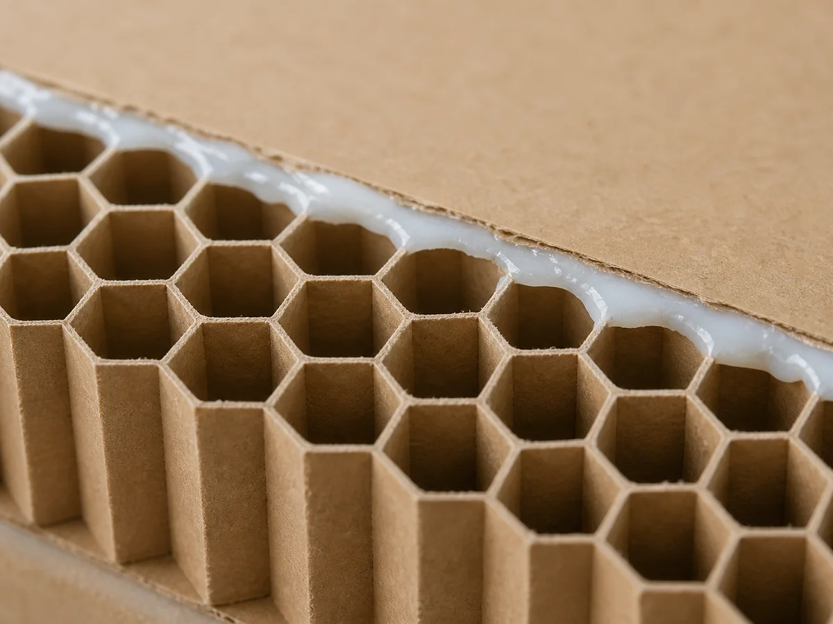 Macro detail of honeycomb core and kraft liner bonded with milky-white lamination adhesive.