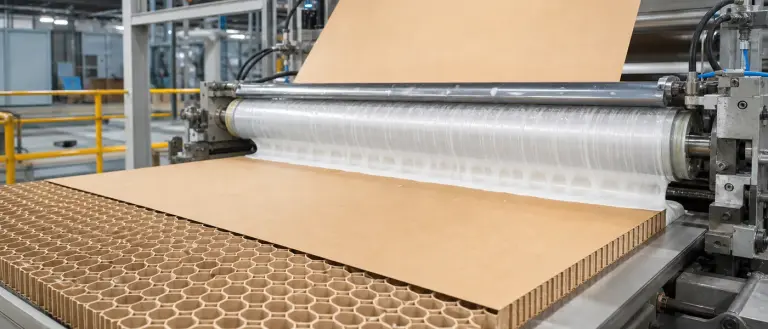 Kraft paper honeycomb core lamination with milky-white anti-curling adhesive between liner and hexagonal cells.