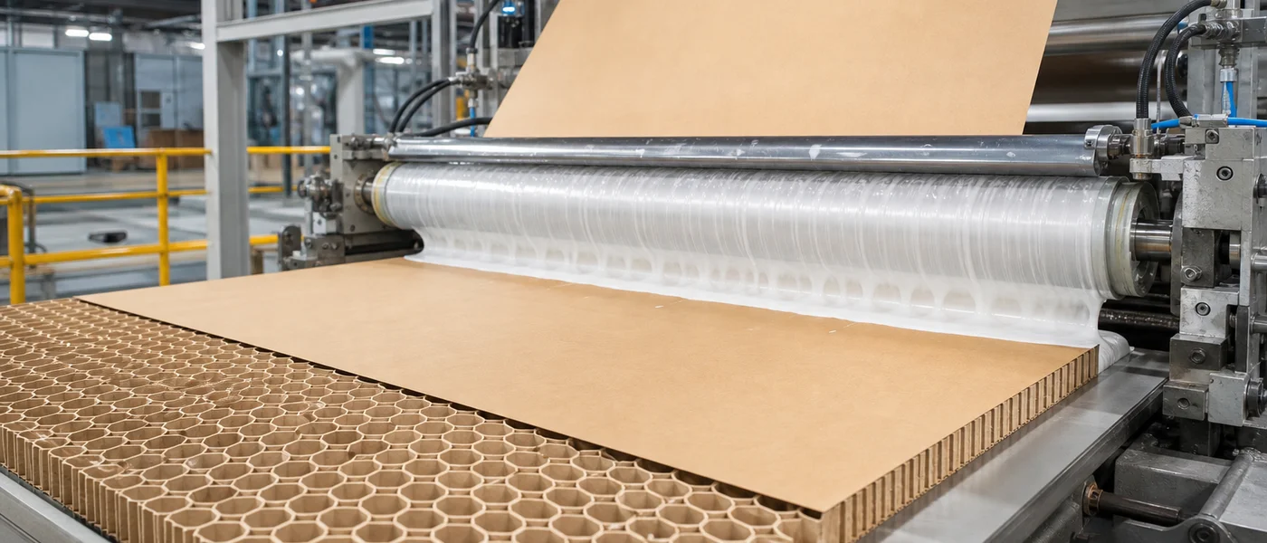 Kraft paper honeycomb core lamination with milky-white anti-curling adhesive between liner and hexagonal cells.