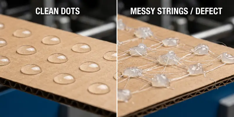 Gros plan comparant une application propre d'adhésif et des problèmes de stringing sur carton.