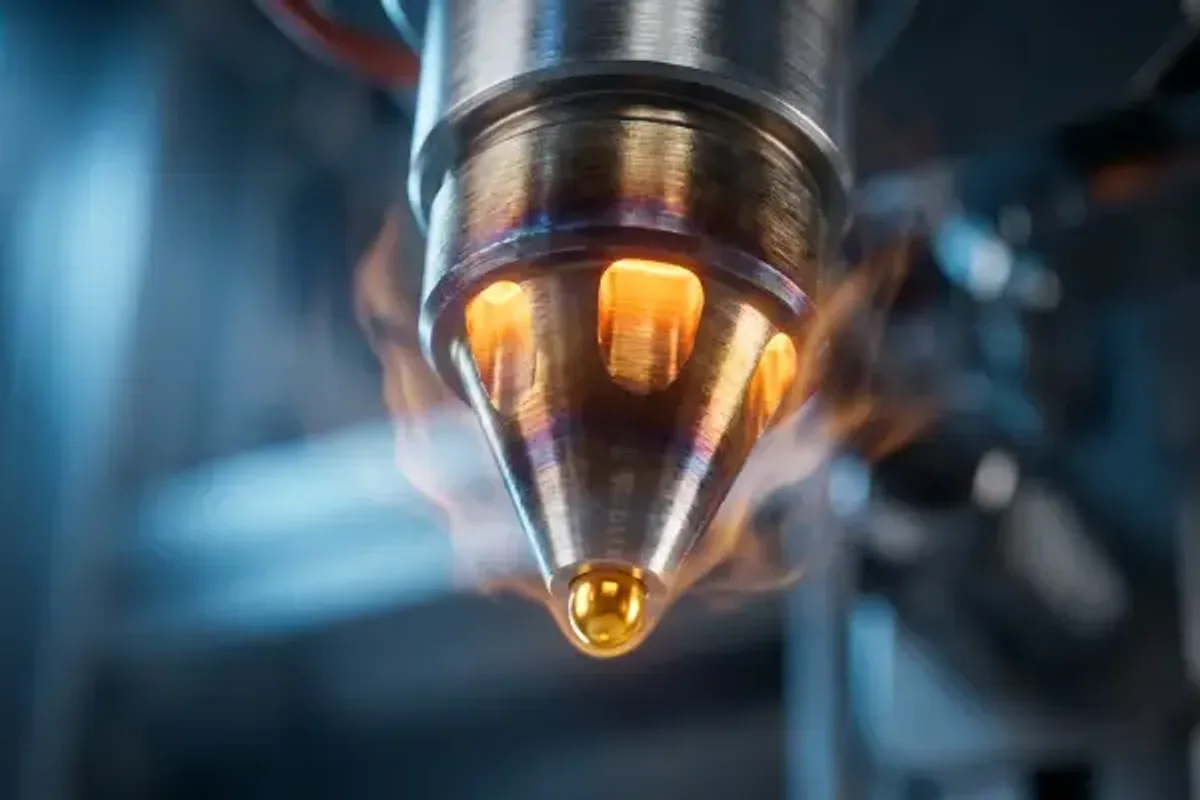 Amber hot-melt droplet forming on a heated nozzle during thermal energy review.