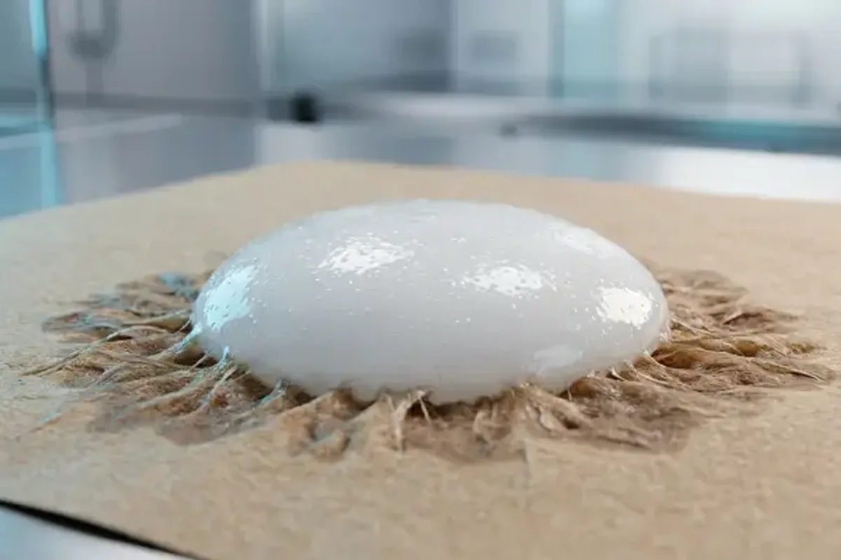 Milky-white water-based adhesive absorbing into kraft fibers during wet-out screening.