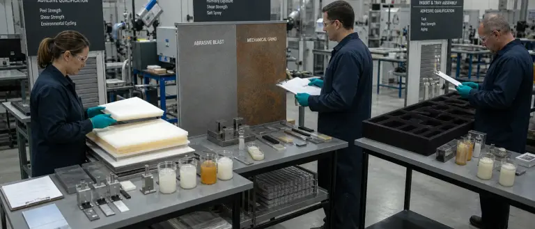 Industrial specialty manufacturing floor with adhesive qualification review on laminated and metal-prep applications.