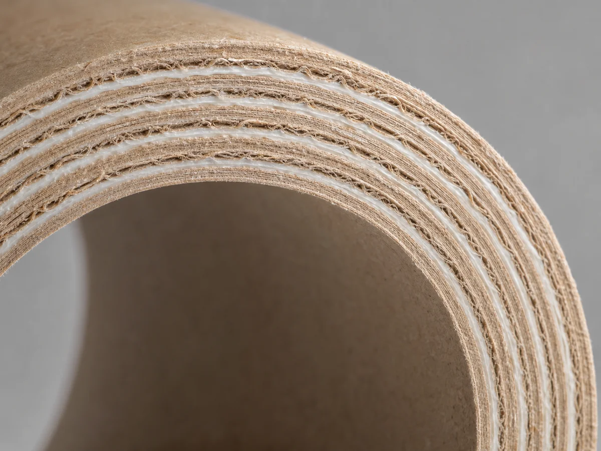 Cross-section of heavy-duty industrial paper core showing multi-ply lamination and adhesive saturation.