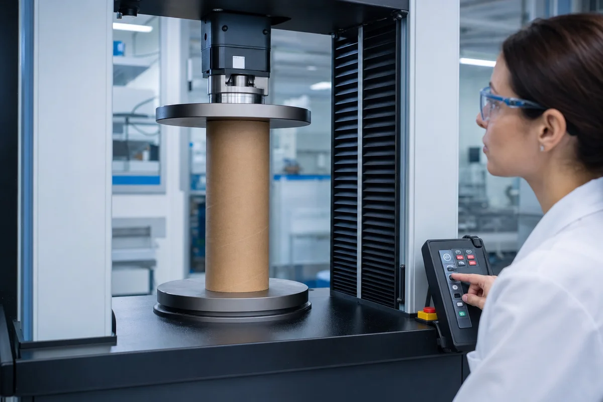 Laboratory radial crush strength test on industrial paper tube core samples.