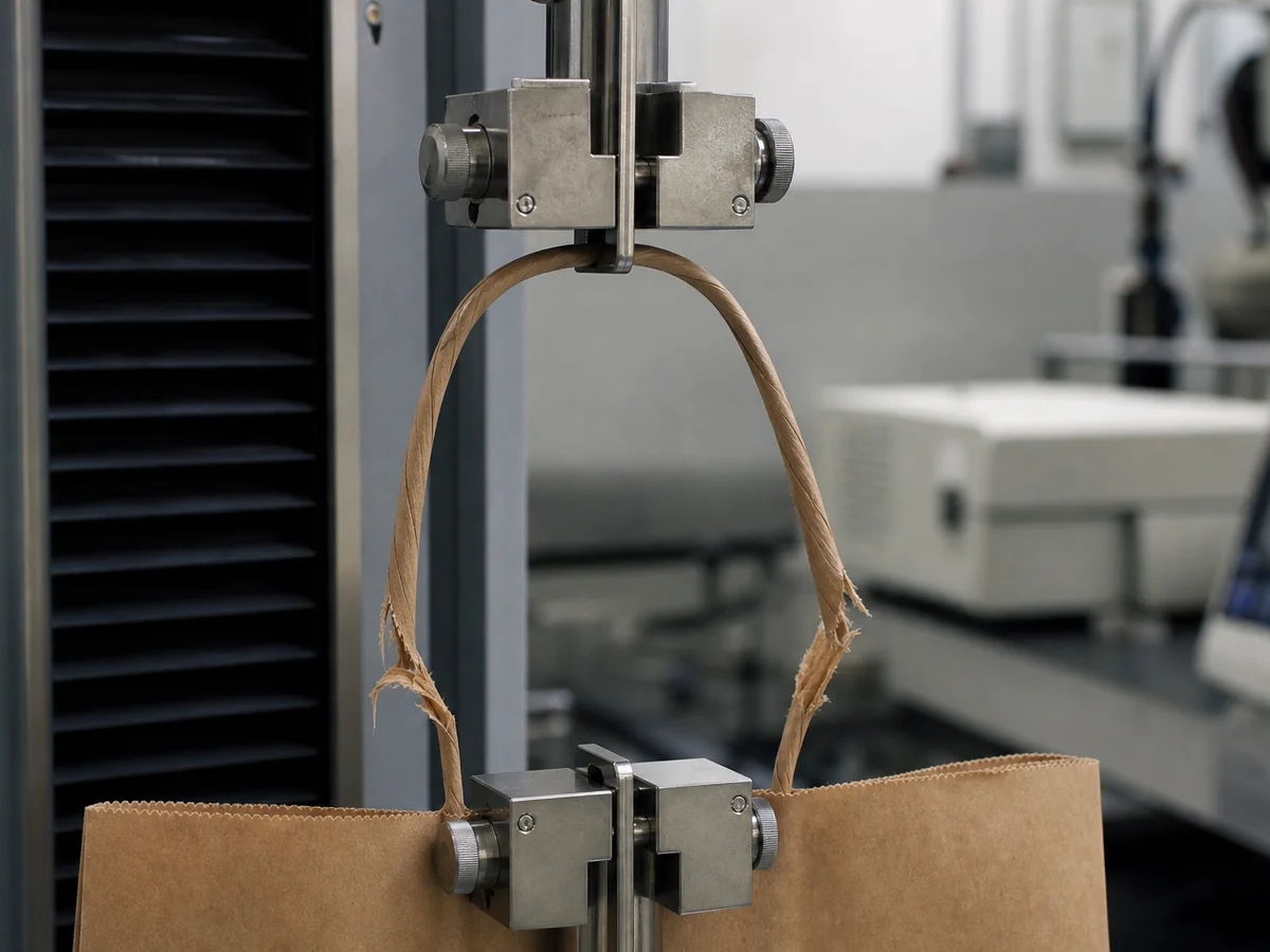 Laboratory tensile test on a paper bag handle validating fiber-tear bond strength under load.