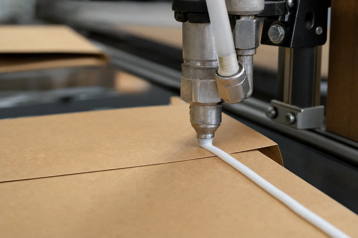 Close-up of high-speed nozzle applying milky-white adhesive on a paper bag manufacturing line without stringing.