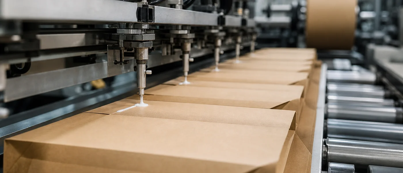 High-speed paper bag line with industrial nozzle applying milky-white water-based adhesive to kraft paper.