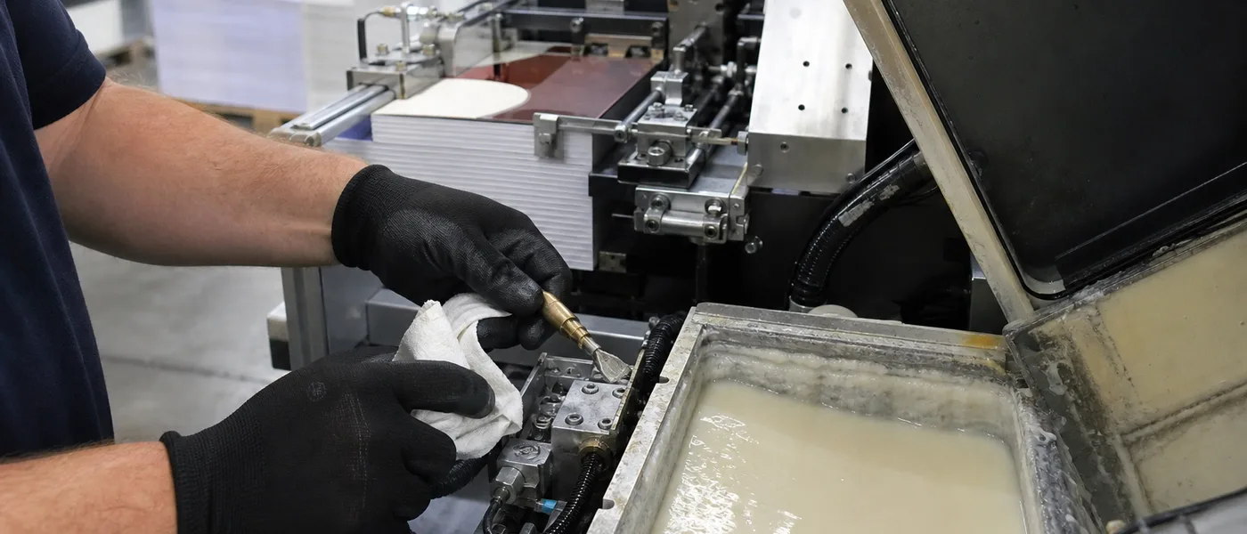 Perfect binding line applying PUR adhesive to a book spine with controlled nozzle laydown and spine preparation.