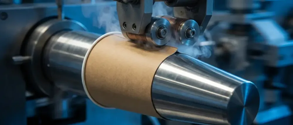 Paper cup blank wrapped on a forming mandrel during side-seam bonding.