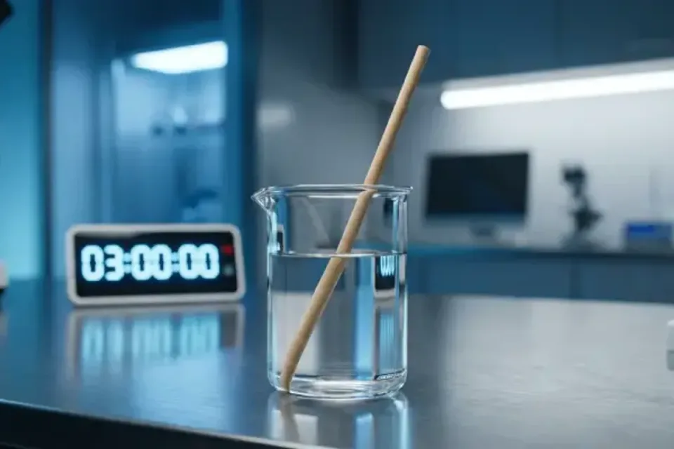 Paper straw immersed in water during a three-hour durability test.