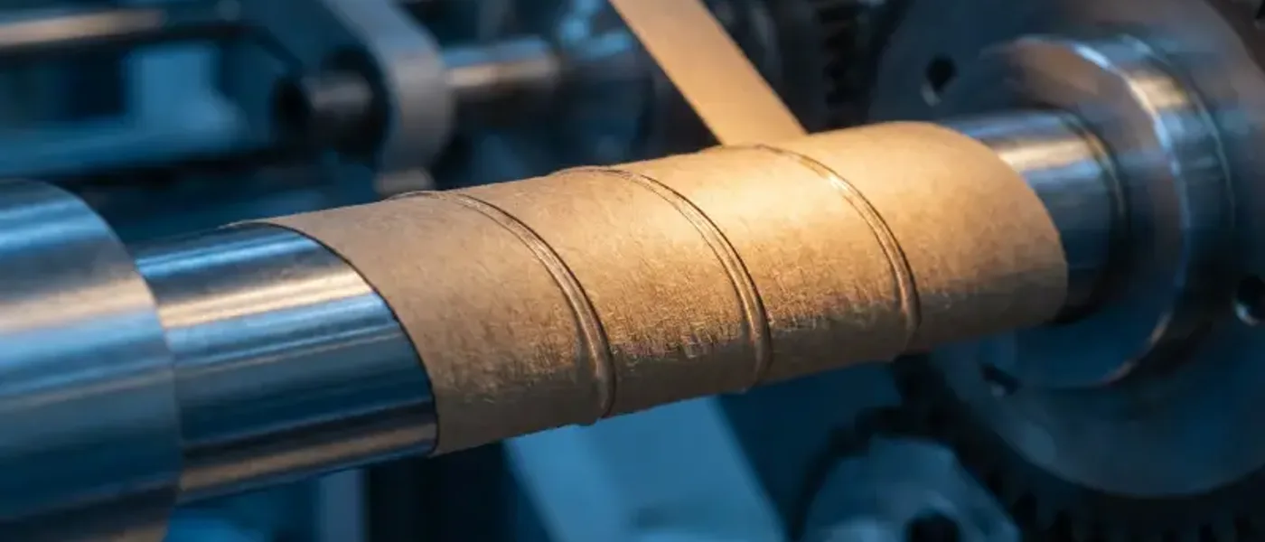 Paper straw manufacturing line with spiral-wound kraft plies and water-based adhesive application.